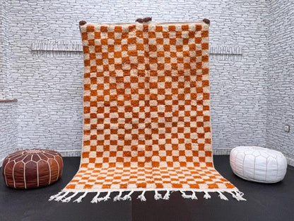 Moroccan Berber Handwoven Checker Wool Area Rug - Orange and White